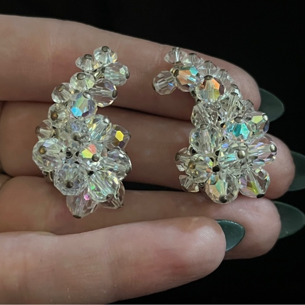 Vintage Large Elegant Aurora Borealis Sparkling Crystal Beads Cluster Earrings